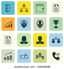 Set Of 16 Hr Icons. Can Be Used For Web, Mobile, UI And Infographic Design. Includes Elements Such As Successful Investment, Tree Structure, Money And More.