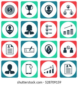 Set Of 16 Hr Icons. Can Be Used For Web, Mobile, UI And Infographic Design. Includes Elements Such As Messaging, Phone Conference, Coins Growth And More.