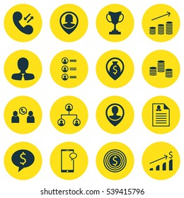 Set Of 16 Hr Icons. Includes Money, Tree Structure, Business Goal And Other Symbols. Beautiful Design Elements.