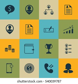 Set Of 16 Hr Icons. Includes Money, Tournament, Business Deal And Other Symbols. Beautiful Design Elements.