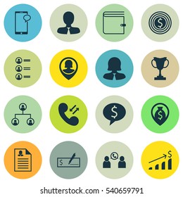 Set Of 16 Hr Icons. Includes Tree Structure, Business Woman, Female Application And Other Symbols. Beautiful Design Elements.