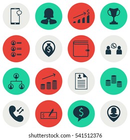Set Of 16 Hr Icons. Includes Cellular Data, Money, Job Applicants And Other Symbols. Beautiful Design Elements.