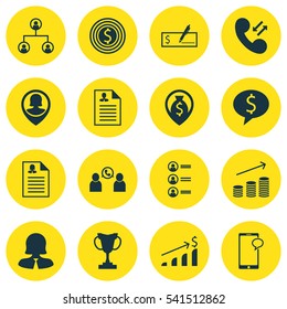 Set Of 16 Hr Icons. Includes Pin Employee, Coins Growth, Business Goal And Other Symbols. Beautiful Design Elements.