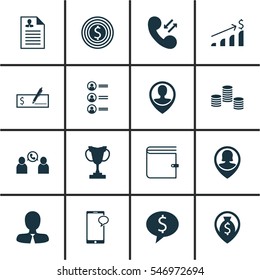 Set Of 16 Hr Icons. Includes Phone Conference, Tournament, Money Navigation And Other Symbols. Beautiful Design Elements.