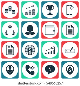 Set Of 16 Hr Icons. Includes Employee Location, Successful Investment, Cellular Data And Other Symbols. Beautiful Design Elements.