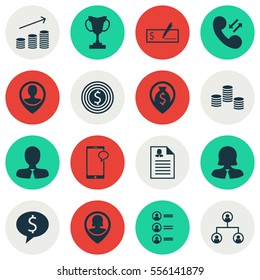 Set Of 16 Hr Icons. Includes Business Woman, Business Deal, Cellular Data And Other Symbols. Beautiful Design Elements.