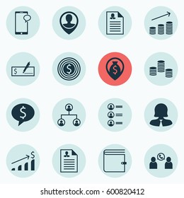 Set Of 16 Hr Icons. Includes Employee Location, Business Deal, Curriculum Vitae And Other Symbols. Beautiful Design Elements.