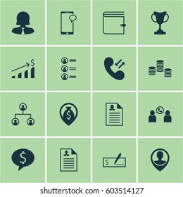 Set Of 16 Hr Icons. Includes Employee Location, Cellular Data, Phone Conference And Other Symbols. Beautiful Design Elements.