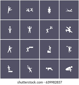 set of 16 human elements such as karate, man doing yoga, volleyball, king and other icons