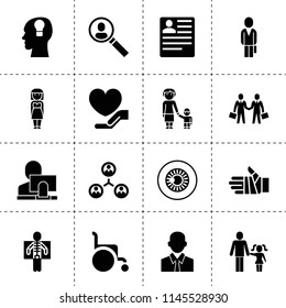 Set of 16 human filled icons such as cv, structure, businessman, user search, user and computer, woman, grandmother and granson, farher and daughter, care, ley lock in head