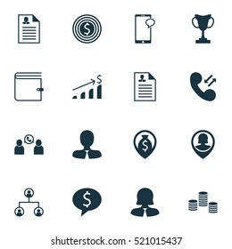 Set Of 16 Human Resources Icons. Can Be Used For Web, Mobile, UI And Infographic Design. Includes Elements Such As Coins, Cellular, Success And More.