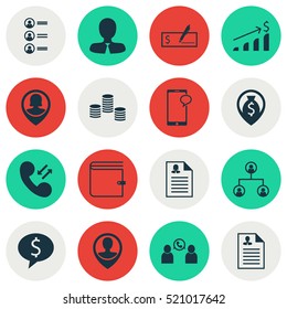 Set Of 16 Human Resources Icons. Can Be Used For Web, Mobile, UI And Infographic Design. Includes Elements Such As Cellular, Coins, Call And More.