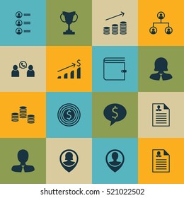 Set Of 16 Human Resources Icons. Can Be Used For Web, Mobile, UI And Infographic Design. Includes Elements Such As Coins, Growth, Call And More.