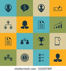 Set Of 16 Human Resources Icons. Can Be Used For Web, Mobile, UI And Infographic Design. Includes Elements Such As Organisation, Cup, Career And More.