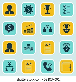 Set Of 16 Human Resources Icons. Can Be Used For Web, Mobile, UI And Infographic Design. Includes Elements Such As Purse, User, Male And More.