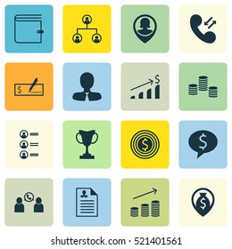 Set Of 16 Human Resources Icons. Can Be Used For Web, Mobile, UI And Infographic Design. Includes Elements Such As Map, User, Growth And More.