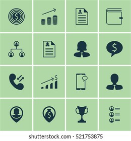 Set Of 16 Human Resources Icons. Can Be Used For Web, Mobile, UI And Infographic Design. Includes Elements Such As Wallet, Trophy, Cellular And More.