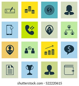 Set Of 16 Human Resources Icons. Can Be Used For Web, Mobile, UI And Infographic Design. Includes Elements Such As Call, Cellular, Increase And More.