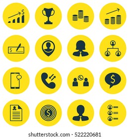 Set Of 16 Human Resources Icons. Can Be Used For Web, Mobile, UI And Infographic Design. Includes Elements Such As Money, Pin, Profile And More.