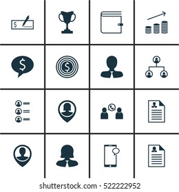 Set Of 16 Human Resources Icons. Can Be Used For Web, Mobile, UI And Infographic Design. Includes Elements Such As Male, Wallet, Pin And More.