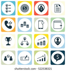 Set Of 16 Human Resources Icons. Can Be Used For Web, Mobile, UI And Infographic Design. Includes Elements Such As Wallet, Purse, Male And More.