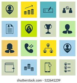 Set Of 16 Human Resources Icons. Can Be Used For Web, Mobile, UI And Infographic Design. Includes Elements Such As Coins, Phone, Cash And More.