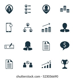 Set Of 16 Human Resources Icons. Can Be Used For Web, Mobile, UI And Infographic Design. Includes Elements Such As Profile, Trophy, Growth And More.