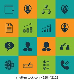 Set Of 16 Human Resources Icons. Can Be Used For Web, Mobile, UI And Infographic Design. Includes Elements Such As Successful Investment, Phone Conference, Female Application And More.