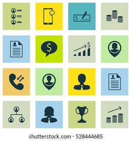 Set Of 16 Human Resources Icons. Can Be Used For Web, Mobile, UI And Infographic Design. Includes Elements Such As Cellular Data, Employee Location, Curriculum Vitae And More.