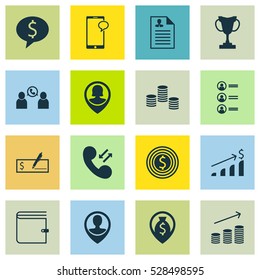 Set Of 16 Human Resources Icons. Can Be Used For Web, Mobile, UI And Infographic Design. Includes Elements Such As Pin Employee, Messaging, Coins Growth And More.