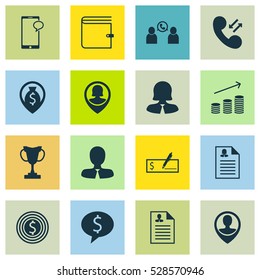 Set Of 16 Human Resources Icons. Can Be Used For Web, Mobile, UI And Infographic Design. Includes Elements Such As Tournament, Coins Growth, Manager And More.