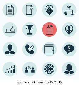 Set Of 16 Human Resources Icons. Can Be Used For Web, Mobile, UI And Infographic Design. Includes Elements Such As Cellular Data, Tournament, Employee Location And More.