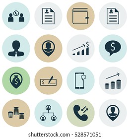 Set Of 16 Human Resources Icons. Can Be Used For Web, Mobile, UI And Infographic Design. Includes Elements Such As Bank Payment, Phone Conference, Money And More.