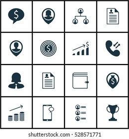 Set Of 16 Human Resources Icons. Can Be Used For Web, Mobile, UI And Infographic Design. Includes Elements Such As Tree Structure, Cellular Data, Wallet And More.