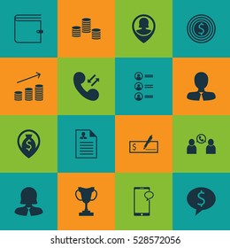 Set Of 16 Human Resources Icons. Can Be Used For Web, Mobile, UI And Infographic Design. Includes Elements Such As Money, Wallet, Business Goal And More.
