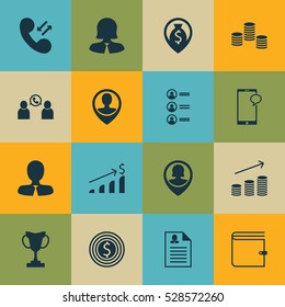 Set Of 16 Human Resources Icons. Can Be Used For Web, Mobile, UI And Infographic Design. Includes Elements Such As Business Goal, Money Navigation, Cellular Data And More.