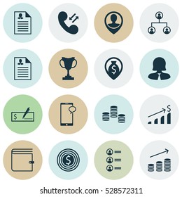 Set Of 16 Human Resources Icons. Can Be Used For Web, Mobile, UI And Infographic Design. Includes Elements Such As Coins Growth, Wallet, Business Woman And More.