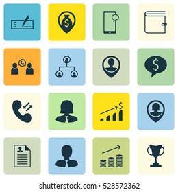 Set Of 16 Human Resources Icons. Can Be Used For Web, Mobile, UI And Infographic Design. Includes Elements Such As Manager, Messaging, Employee Location And More.