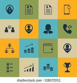 Set Of 16 Human Resources Icons. Can Be Used For Web, Mobile, UI And Infographic Design. Includes Elements Such As Business Woman, Messaging, Cellular Data And More.
