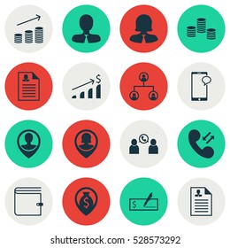 Set Of 16 Human Resources Icons. Can Be Used For Web, Mobile, UI And Infographic Design. Includes Elements Such As Wallet, Coins Growth, Curriculum Vitae And More.