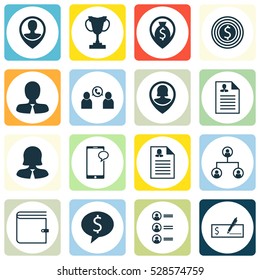 Set Of 16 Human Resources Icons. Can Be Used For Web, Mobile, UI And Infographic Design. Includes Elements Such As Female Application, Business Goal, Pin Employee And More.