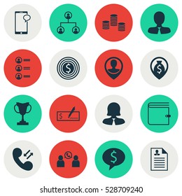 Set Of 16 Human Resources Icons. Can Be Used For Web, Mobile, UI And Infographic Design. Includes Elements Such As Business Deal, Wallet, Tree Structure And More.