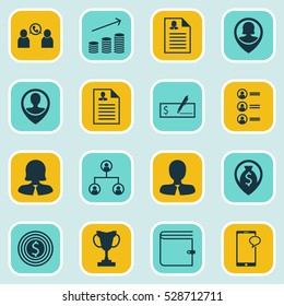 Set Of 16 Human Resources Icons. Can Be Used For Web, Mobile, UI And Infographic Design. Includes Elements Such As Tree Structure, Bank Payment, Business Goal And More.