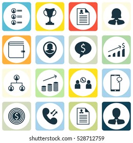Set Of 16 Human Resources Icons. Can Be Used For Web, Mobile, UI And Infographic Design. Includes Elements Such As Business Woman, Wallet, Pin Employee And More.