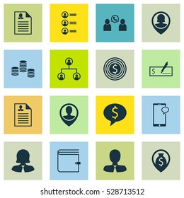 Set Of 16 Human Resources Icons. Can Be Used For Web, Mobile, UI And Infographic Design. Includes Elements Such As Money Navigation, Money, Female Application And More.