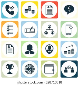 Set Of 16 Human Resources Icons. Can Be Used For Web, Mobile, UI And Infographic Design. Includes Elements Such As Bank Payment, Female Application, Business Deal And More.