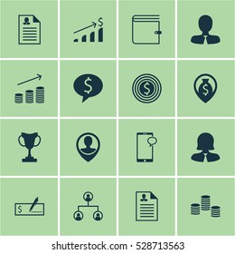 Set Of 16 Human Resources Icons. Can Be Used For Web, Mobile, UI And Infographic Design. Includes Elements Such As Messaging, Money Navigation, Coins Growth And More.