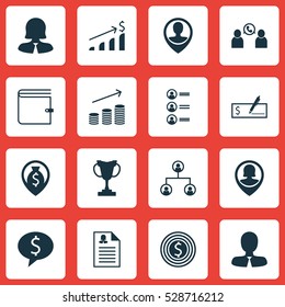 Set Of 16 Human Resources Icons. Can Be Used For Web, Mobile, UI And Infographic Design. Includes Elements Such As Coins Growth, Business Woman, Successful Investment And More.