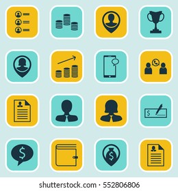 Set Of 16 Human Resources Icons. Includes Business Deal, Business Woman, Curriculum Vitae And Other Symbols. Beautiful Design Elements.