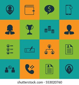 Set Of 16 Human Resources Icons. Includes Tree Structure, Cellular Data, Job Applicants And Other Symbols. Beautiful Design Elements.